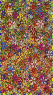 Raster - stok. Yapraklı çiçekler ve kahverengi ve yeşil renklerde papatya çiçekleri. Kusursuz arkaplan deseni.