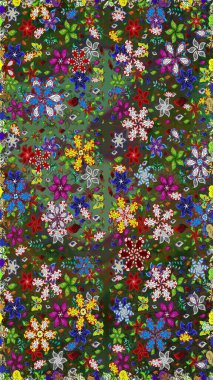 Nazik, sevimli çiçek arkaplanı. Çiçekli karalama şeklinde Raster çiçek deseni. Yeşil ve kahverengi renkte çiçekler.