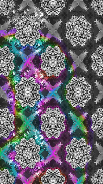 Soyut etnik raster çizim kalıbı. Kabile sanatı boho baskısı, klasik çiçek arkaplanı. Arkaplan dokusu, duvar kağıdı, gri renkli çiçek teması.