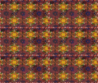 Sanat ilham verir ve turuncu renkli çiçekler bırakır. Kahverengi ve turuncu el çizimleri. Raster deseni. Karalama çiçekleri kusursuz desen.