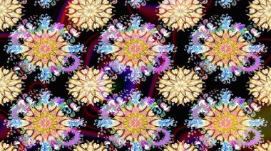 Parlak renkli çiçekleri ve siyah ve bej renklerinde yaprakları olan şaşırtıcı, pürüzsüz çiçek deseni. Moda baskıları için zarif bir şablon. Halk tarzı. Modern çiçek arkaplanı.