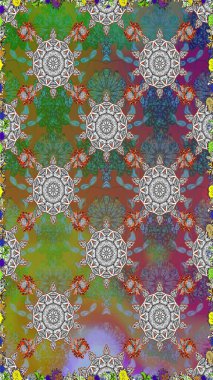 Raster Henna tarzı. Tebrik kartı geçmişi, boyama kitabı, arkaplan ve tekstil için kullanılabilir. Sınır Kızılderili çiçekli paisley patten. Kusursuz süs izi. Etnik Mandala havlusu.