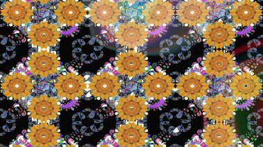 Çiçeksel fantezi tasarımı ve parlak bir arka plan çizimi. Renkli Bahar Teması eskiz kalıbı. Düz Çiçek Elementleri Tasarımı.