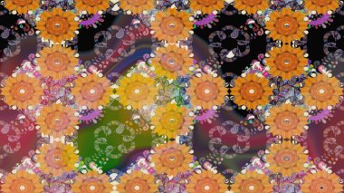 Çiçekli yumuşak bir eskiz şekli. Raster çiçekleri klasik tarzda çizilmiş. Turuncu renklerde bahar çiçekleri. Raster illüstrasyonu.