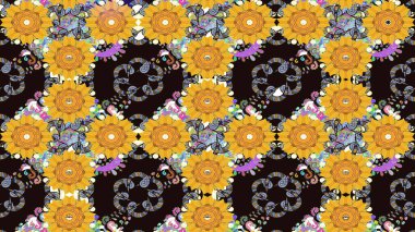 Raster düz çiçek çizim deseni. Hediye ambalaj kağıdı, tebrik kartları, posterler ve pankart tasarımı. Sarı renkte çiçekler.