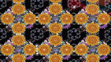 Çiçek desenli çizim. Raster illüstrasyonu. Asya tekstil tarzında. Siyah renkli çiçekler. Raster illüstrasyonu.