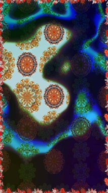 Soyut etnik raster kusursuz desen. Vadinin çiçekleri gri ve mavi renklerde. Çiçekler..