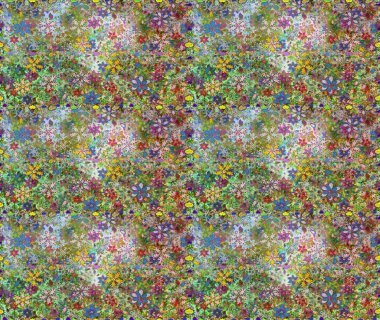 Raster illüstrasyonu. Yeşil ve nötr renklerde Asya tekstil tarzında. Kusursuz çiçek deseni.