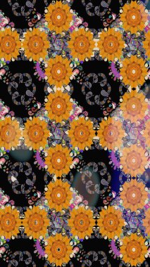 Şirin çiçekli eskiz deseni ve siyah renkli yapraklar, suluboya çiçek deseni, duvar kağıdı, kart veya kumaş için fayanslı. Raster illüstrasyonu.