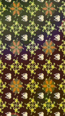 Renkli süs kenarı. Çizim kalıbı. Raster illüstrasyonu. Çiçek duvar kağıdı. Kahverengi ve yeşil renklerde. Hint süsü..