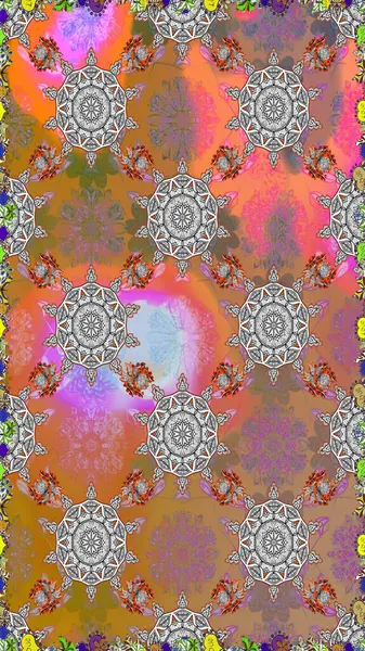 Çiçekleri, deniz kabukları, mandalaları ve suluboya efektleriyle donanma geçmişi. Yatak çarşafları, ceket, paket tasarımı, kumaş ve moda kavramları için tekstil baskısı. Kusursuz etnik tasarım.