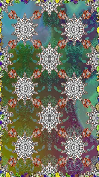 Raster illüstrasyonu. Yeşil renkte güzel bir tekstil. Çiçeklerle suluboya desenleri.