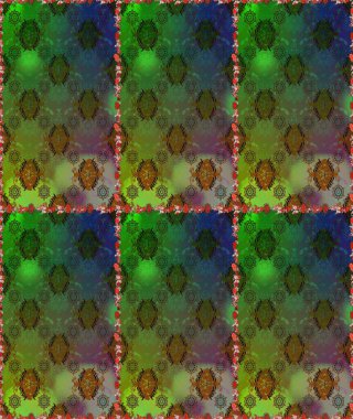 Çok yeşil ve kahverengi zarif küçük çiçekler ve yeşil ve kahverengi renkli komik böcekler, raster desen, illüstrasyon.