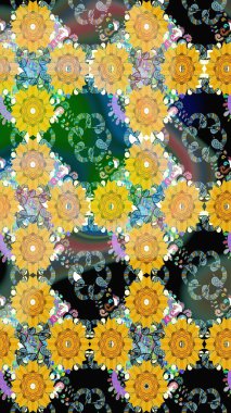 Bahar çiçekleri dallı desen, sarı renkler ve çiçek silueti. Raster deseni.