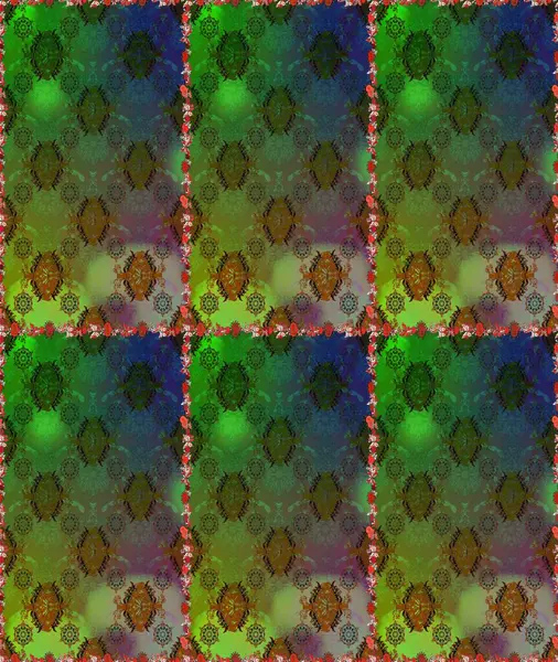 Çok yeşil ve kahverengi zarif küçük çiçekler ve yeşil ve kahverengi renkli komik böcekler, raster desen, illüstrasyon.