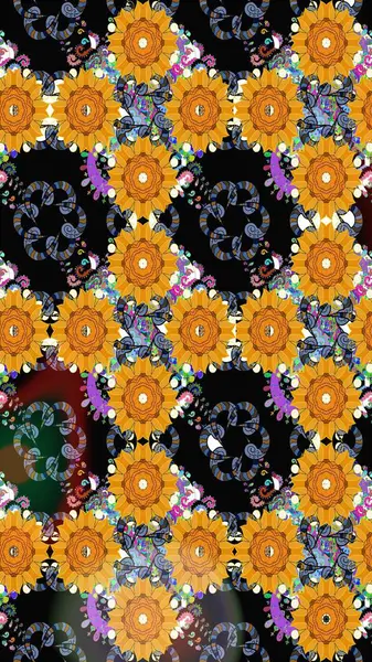 Raster Illustrasyon 'daki Çiçek Deseni' nin son moda çizimi. Siyah renkli çiçekler. Renkli Yaz Temalı eskiz kalıbı. Düz Çiçek Elementleri Tasarımı.