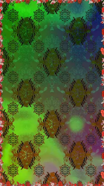 Yeşil ve kahverengi renkli şirin çiçek desenleri. Renkli Bahar Temalı Kusursuz Arkaplan. Düz Çiçek Elementleri Tasarımı. Raster Modaya uygun kumaş deseni.