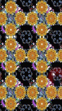 Raster illüstrasyonu. Çiçek buketleriyle klasik bir eskiz şekli. Siyah renklerde.