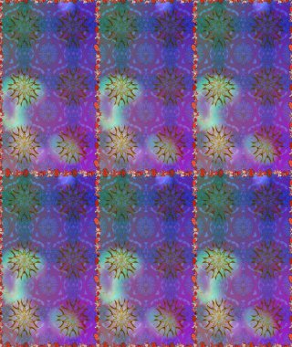 Renkli Bahar Temalı Kusursuz Arkaplan. Mor ve mavi renkte çiçekler. Raster illüstrasyonu. Asya tekstil tarzında. Düz Çiçek Elementleri Tasarımı. Kusursuz çiçek deseni.