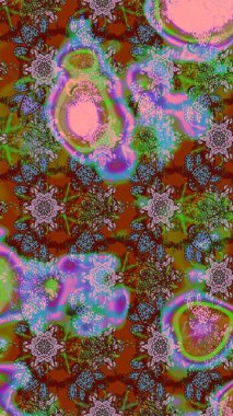 Çiçek desenli çizim. Raster illüstrasyonu. Kahverengi renkli Asyalı tekstil.