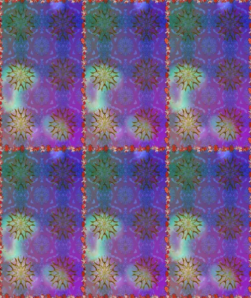 Renkli Bahar Temalı Kusursuz Arkaplan. Mor ve mavi renkte çiçekler. Raster illüstrasyonu. Asya tekstil tarzında. Düz Çiçek Elementleri Tasarımı. Kusursuz çiçek deseni.