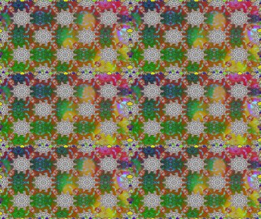 Raster illüstrasyonu. Yumuşak, yeşil ve kahverengi renklerde bahar çiçekleri. Yaprak ve çiçeklerin suluboya resmi, yeşil ve kahverengi renklerde kusursuz desen.