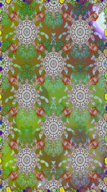 Şirin karalama çiçekleri olan kusursuz çiçek desenleri. Raster illüstrasyonu. Raster illüstrasyonu. Eskiz tarzı yeşil ve kahverengi renkler. El yapımı çiçek ve bitki koleksiyonu.