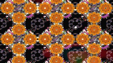 Raster illüstrasyonu. Çiçek desenli çizim. Turuncu renkli Asya tekstili.