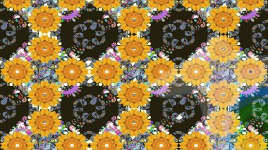 Suluboya elle çizilmiş çiçek desenli eskiz deseni. Parlak renkli fantezi çiçekleri, yapraklar, sarı renkli tomurcuklar.