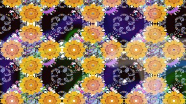 Renkli Bahar Teması eskiz kalıbı. Raster illüstrasyonundaki çiçek desenli çizim. Süslü kumaş deseni. Düz Çiçek Elementleri Tasarımı.