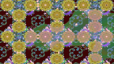 Raster illüstrasyonu. Yeşil renkte karalamalı çiçek deseni çiz.