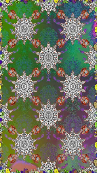 Yeşil ve gri renkli çiçekler. Şatafatlı bahar bahçesi dokusu. Çiçek deseni. Raster illüstrasyonu. Çiçekler yeşil ve gri renklerde dikişsiz.