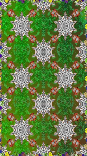 Çiçekli güzel suluboya desen. Raster illüstrasyonu. Yeşil ve gri renklerde.