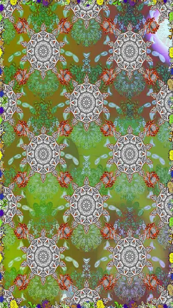 Şirin karalama çiçekleri olan kusursuz çiçek desenleri. Raster illüstrasyonu. Raster illüstrasyonu. Eskiz tarzı yeşil ve kahverengi renkler. El yapımı çiçek ve bitki koleksiyonu.