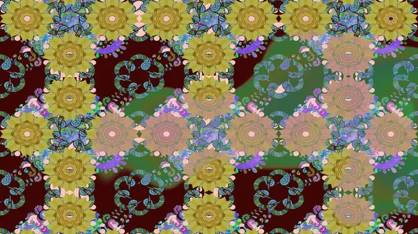 Raster illüstrasyonu. Yeşil renkte karalamalı çiçek deseni çiz.