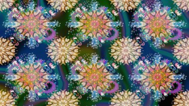 Raster illüstrasyonu. Düz Çiçek Elementleri Tasarımı. Renkli Bahar Teması eskiz kalıbı. Çiçek desenli çizim. Asya tekstil tarzında. Mavi renkte çiçekler.