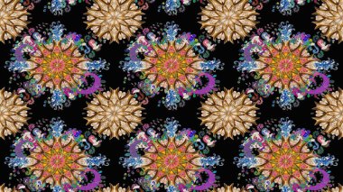 Siyah renkler ve parlak çiçekler üzerine soyut çizim deseni. Çiçeksel elementlerle süslenmiş zarif raster dokusu. Küçük çiçekte şirin bir çiçek deseni var..