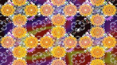 Sarı renkli çiçekler. Çiçek desenli çizim. Raster illüstrasyonu. Asya tekstil tarzında. Renkli Bahar Teması eskiz kalıbı. Düz Çiçek Elementleri Tasarımı.