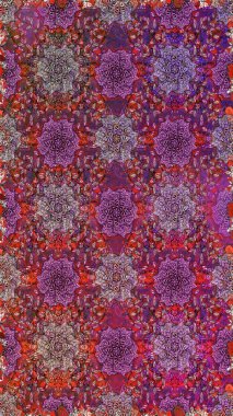 Raster illüstrasyonu. Mor ve kahverengi renkte çiçekler. El çizimi çiçekleri olan soyut, pürüzsüz desen.