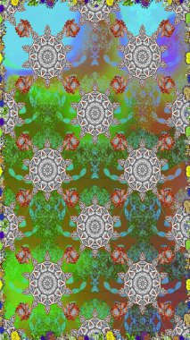 Çiçekli karalama şeklinde Raster çiçek deseni. Yeşil ve gri renkli çiçekler. Yumuşak, bahar çiçekli arka plan.