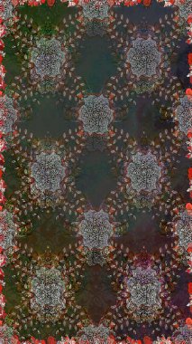 Raster Floral Illustration, Asyalı tekstil. Gri ve kahverengi renkte etnik çiçeklerle kusursuz bir desen..