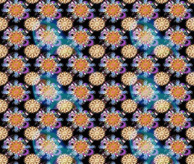 Renkli grunge, soyut arkaplanı kolosiyah ve mavi çiçeklerle süslüyor. Parmak izi, kumaş, duvar kâğıdı, tekstil için raster dokusu. İşlemeli çiçek desenli..