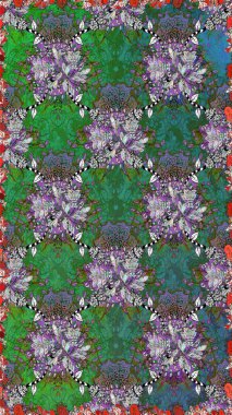 Raster illüstrasyonunda kusursuz çiçek deseni. Yeşil ve gri renkte çiçekler.