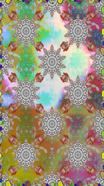 Raster illüstrasyonu. Güzel çiçekli kusursuz desen ve gri renkli yapraklar, suluboya çiçek deseni, duvar kağıdı, kart veya kumaş için fayanslı.