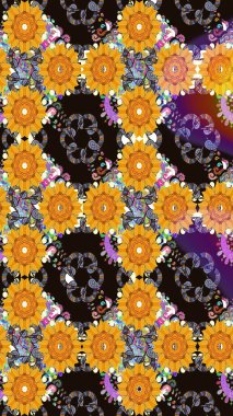 Bahar çiçekleri dallı desen, sarı renkler ve çiçek silueti. Raster deseni.