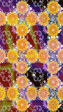 Asya tekstil tarzında. Düz Çiçek Elementleri Tasarımı. Çiçek desenli çizim. Raster illüstrasyonu. Renkli Bahar Teması eskiz kalıbı. Sarı renkte çiçekler.