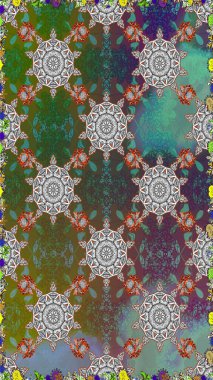 Kusursuz etnik tasarım. Çiçekleri, deniz kabukları, mandalaları ve suluboya efektleriyle donanma geçmişi. Yatak çarşafları, ceket, paket tasarımı, kumaş ve moda kavramları için tekstil baskısı.