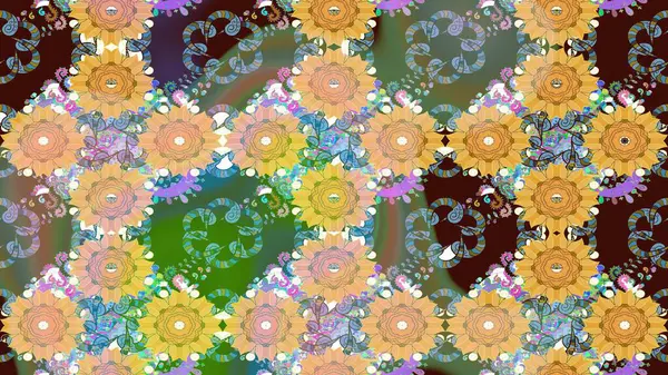 Vadinin bej renkli çiçekleri. Soyut etnik raster çizim kalıbı. Çiçekler..