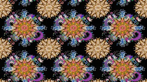 Siyah renkler ve parlak çiçekler üzerine soyut çizim deseni. Çiçeksel elementlerle süslenmiş zarif raster dokusu. Küçük çiçekte şirin bir çiçek deseni var..