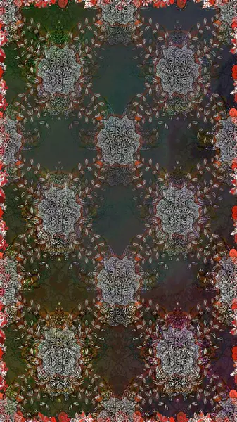 Raster Floral Illustration, Asyalı tekstil. Gri ve kahverengi renkte etnik çiçeklerle kusursuz bir desen..